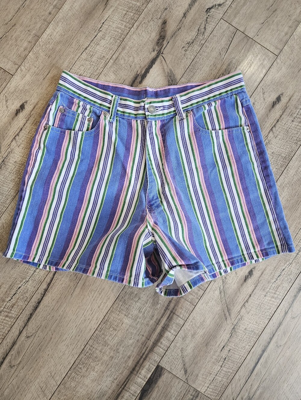 Vintage High Waisted Skoozi Dungaree Striped Shorts Size 13 Made In USA